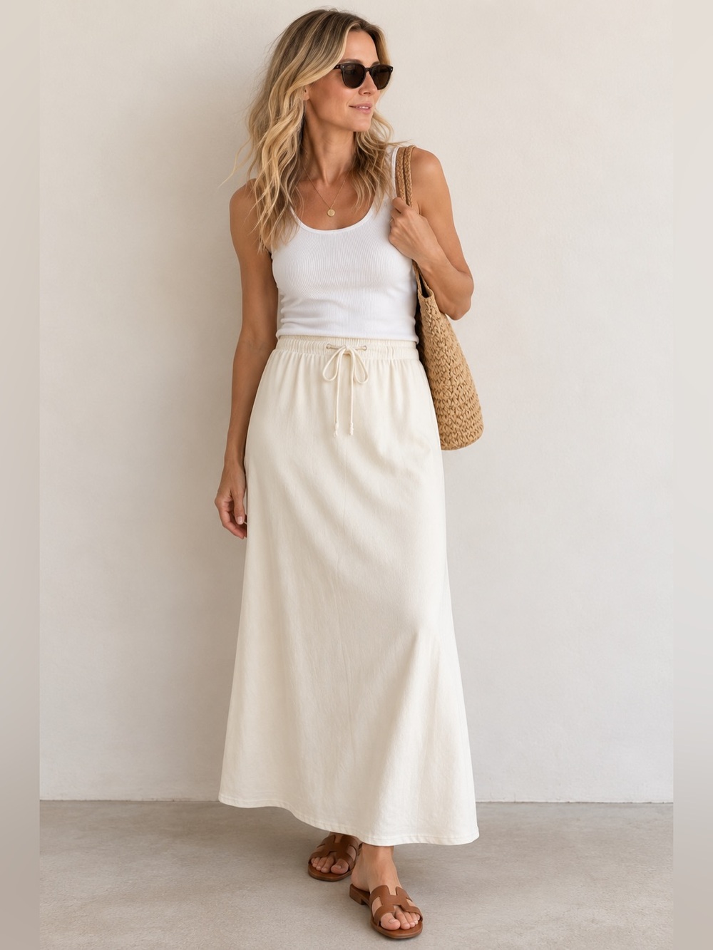 American Vintage Cream Maxi Skirt Size M Cotton Stretch Drawstring Minimalist